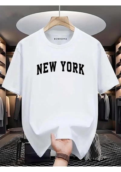 New York Beyaz Baskılı Oversize Tişört BEYAZ