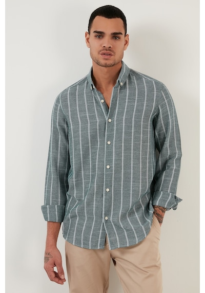 Buratti Pamuklu Çizgili Regular Fit Düğmeli Yaka Erkek Gömlek Cf21S112480 Haki-Beyaz