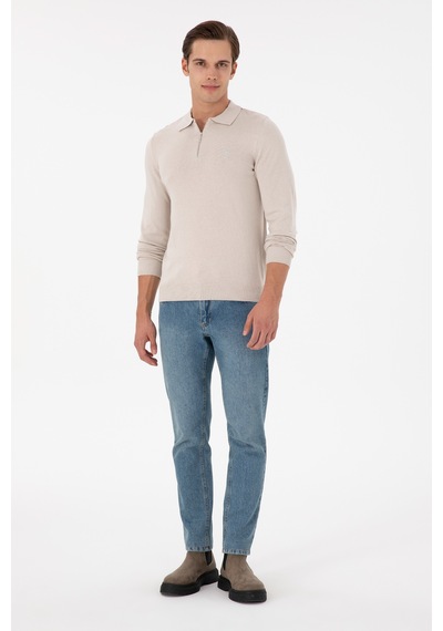 U.S. Polo Assn. Erkek Slim Fit Yarım Fermuarlı Taş Melanj Basic Kazak 50297066-VR225