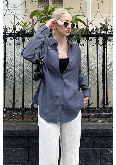 Madmext Füme Uzun Kollu Oversize Gömlek Mg2003-füme Füme
