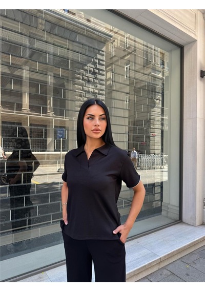 WeShaya Siyah Polyester Keten Polo Yaka Takım Siyah