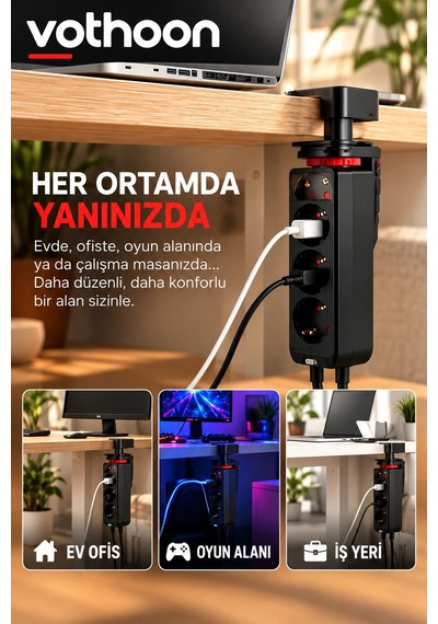 Masa Tipi Pd20w Akım Korumalı 3'lü Priz 2xusb 1xtype-c Girişli Kablolu Priz Ftr19 2 M