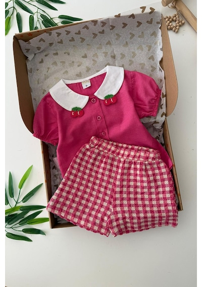 Miniğimin Cicileri Ekose Şortlu Meyve Örgü Desenli Kız Çocuk 2 Li Takım - Pembe Pembe-79412 Miniğimin Cicileri Ekose Şortlu Meyve Örgü Desenli Kız Çocuk 2 Li Takım - Pembe Pembe-79412