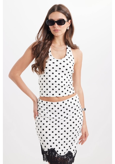 Tudors Kadın Slim Fit Dar Kesim Puantiyeli Dantel Detaylı Asimetrik Beyaz Etek-51017