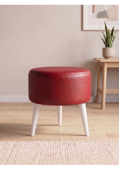 Modern Kırmızı Deri Puf Tabure Ahşap Beyaz Ayaklı Yuvarlak Puf 40x42 Cm