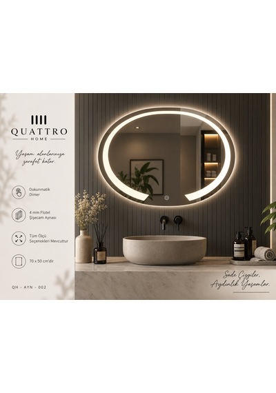 Kesik Oval Işıklı Banyo Aynası 70 50 100-80 Çap Açık Gri