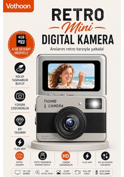 Retro Mini Dijital Kamera 1080p 1.47 İnç Flip Ekranlı Flaşlı Selfie Vlog Kamerası 4gb Sd Hediyeli Siyah Najm Belirtilmemiş