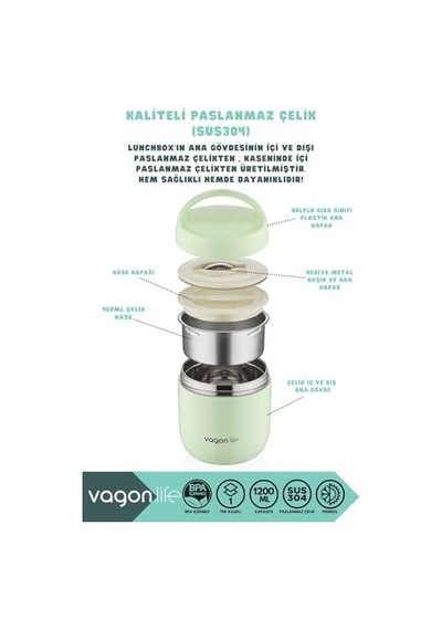 Bento 1200ml Lunchbox 1 Kaseli 4-6 Saat Sıcak/soğuk Termos Özellikli Çelik Sefer Tası Yemek Kutusu Yeşil Bakır