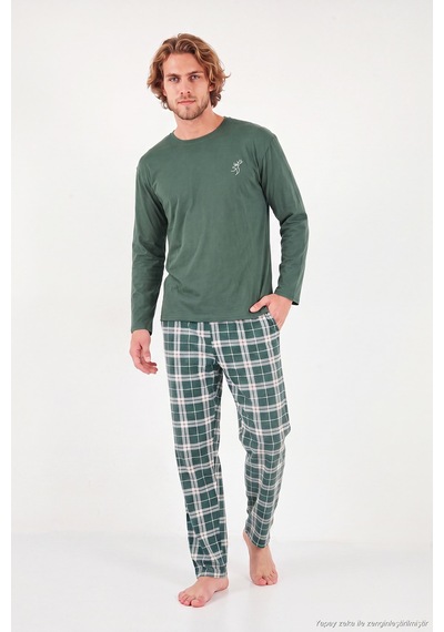 Buratti Ekoseli Pamuklu Bisiklet Yaka Uzun Kollu Pijama Takımı Erkek Pijama Takımı 6575003 Yeşil
