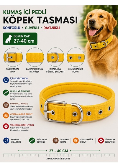 Köpek Boyun Tasması İçi Pedli 27-40 Cm Dokuma Kumaş Ayarlanabilir Metal Tokalı - Sarı Çok Renkli