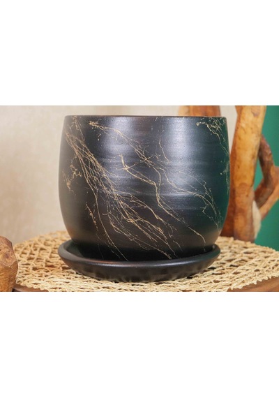 Bitki Tasarımı Ev Dekorasyon  Siyah Üzeri Gold Tabaklı Terracota Toprak Saksı Saksılık Salon Çiçeklik 19 CM