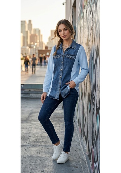 Stormwear Çift Kumaş Detaylı Taşlı Denim Gömlek Mavi