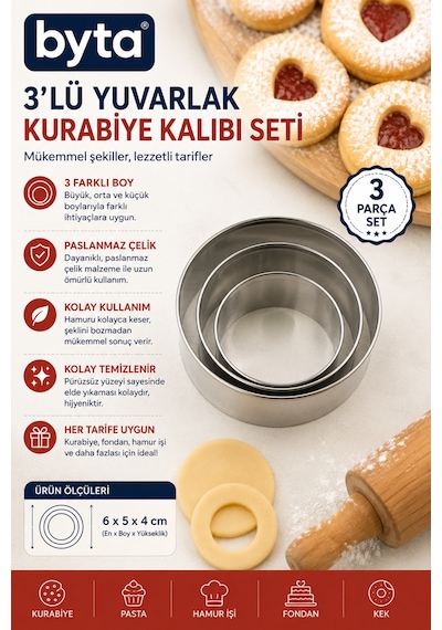 3'lü Paslanmaz Çelik Yuvarlak Kurabiye Ve Hamur Kesici Kalıp Seti Farklı Boylar Diğer