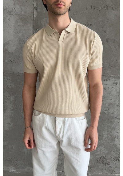 Erkek Petek Desen Polo Yaka Triko T-shirt Bej