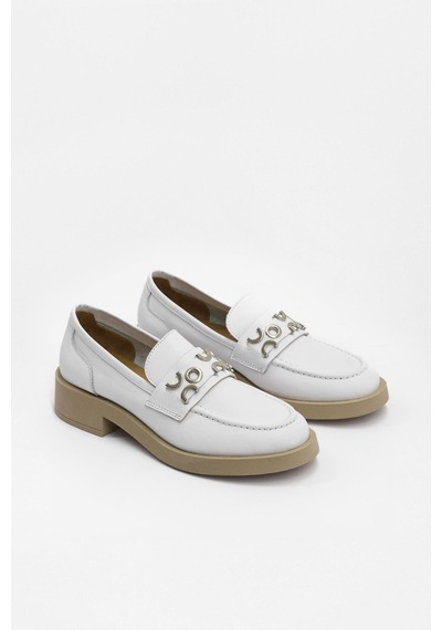 Morris Beyaz Hakiki Deri Gümüş Aksesuarlı Kadın Loafer Beyaz Deri