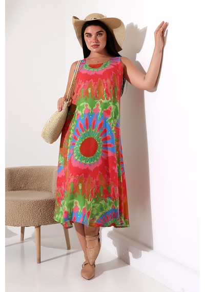 Likapa Yazlık Askılı Viskon Elbise 2691 Pembe Yeşil Batik