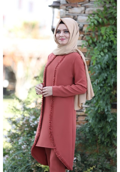 İbrahim Burak Etiler Collection Gül İşlemeli İkili Takım Mc1434 Kiremit