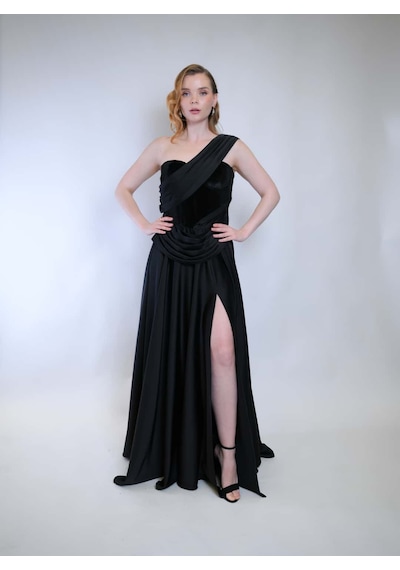 Crystalia Opia Dress Saten Kadife Detaylı - Siyah Siyah