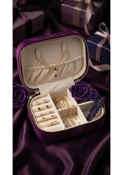 Takı Kutusu Düzenleyici Seyahat Çantası Kolye Yüzük Küpe Organizer Kadife Mor 12cmx8cm