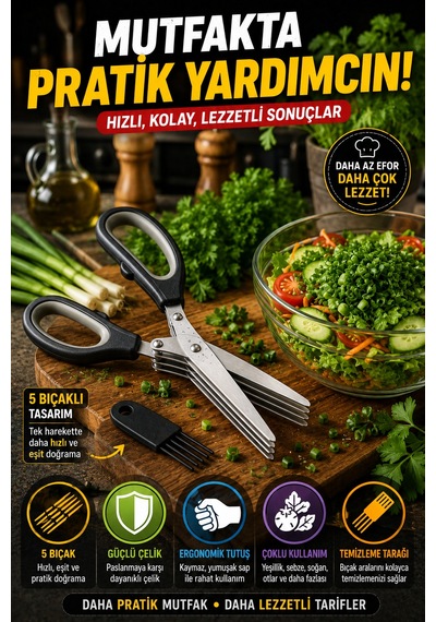 5 Bıçaklı Çoklu Doğrama Makası Sebze Yeşillik Maydanoz Taze Soğan Kesme Makası Temizleme Taraklı Set