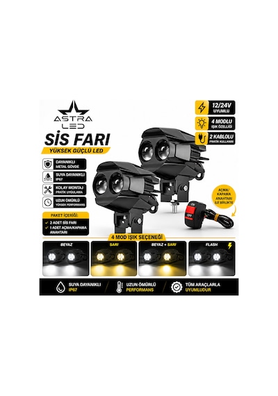 2 Adet Açma Kapama Anahtarlı Motosiklet Atv Utv Led Lazer Sis Farı Delici Beyaz Sarı Çift Renk 12 -24 Volt