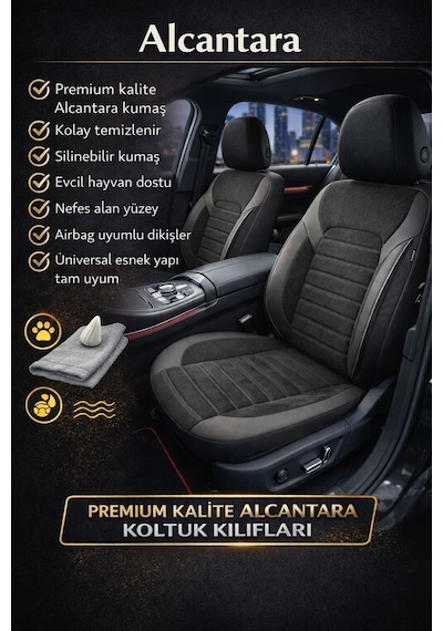 Alcantara Serisi Lüks Üniversal Oto Koltuk Kılıfı - 5 Kotuk Tam Set Siyah