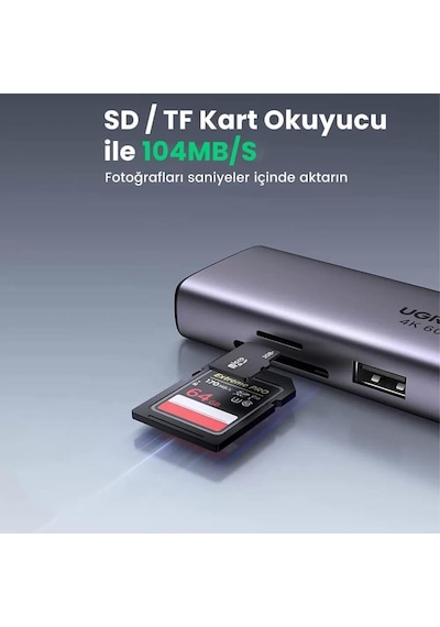 Ugreen CM512 Type-C to PD 100W HDMI RJ45 USB SD Micro SD Dönüştürücü Hub