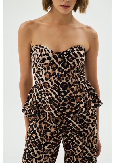 Sagaza Studio Ss6063 Leopar Desenli Straplez Bluz Çok Renkli