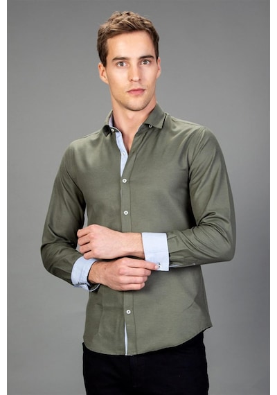 Tudors Slim Fit Dar Kesim Oxford Spor Erkek Gömlek-13420 Haki