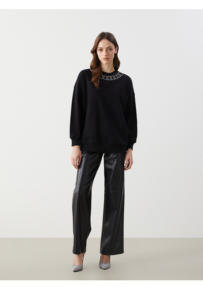 Lcw Modest Siyah Bisiklet Yaka Baskılı Oversize Kadın Sweatshirt
