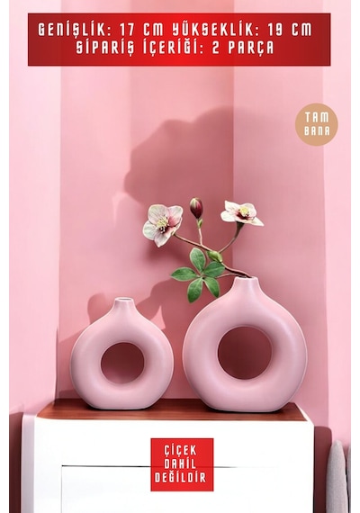 Beyaz Dekoratif Vazo Seti Obje Ev Dekorasyon Masa Üstü Dekor Vazo Seti Model 23 Pembe Pembe
