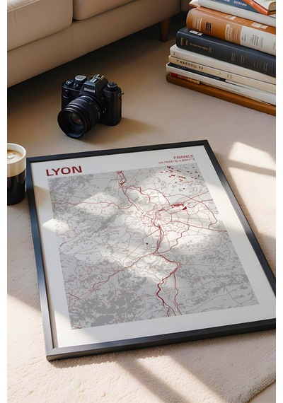 Lyon Fransa France Haritası Çerçeveli Tablo Lüks Salon Ofis Duvar Dekorasyonu Hediyelik Tablo