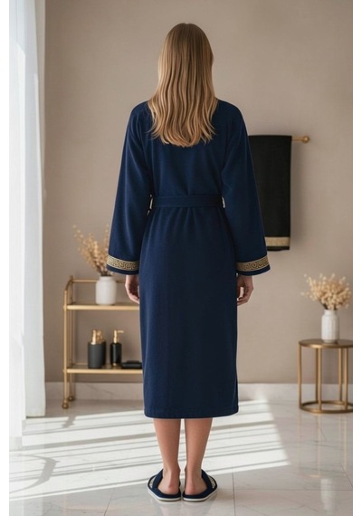 Premium %100 Pamuk Unisex Şalyaka Cepli Bornoz Seti 4 Parça Havlu Terlik Takımı Lacivert Lacivert