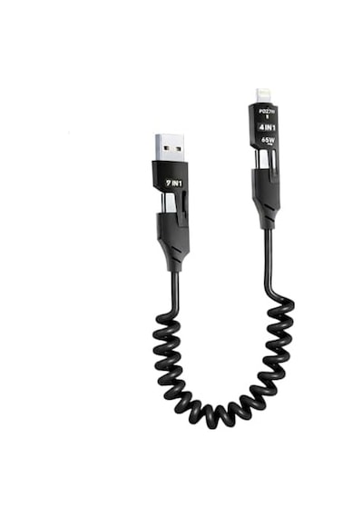4 Ü 1 Arada 65w Yaylı Hızlı Şarj Kablosu Type-c & Lightning Pd Destekli, Dolaşmaz Spiral Tasarım, 1.5m Uzayabilir, Araç & Ev Uyumlu Şarj Ve Veri Kablosu Siyah