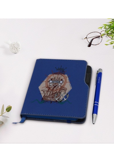 Kişiye Özel Gemi Tasarımlı Lacivert Termo Deri Defter Kalem Seti- N11.2122
