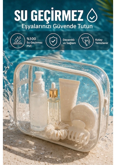 Hig Home Bej Su Geçirmez Şeffaf Plaj Çantası Tatil İçin Organizer Beyaz