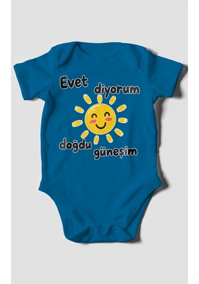 Morivokids Evet Diyorum Doğdu Güneşim Kısa Kollu Bebek Body %100 Pamuk Koyu Mavi