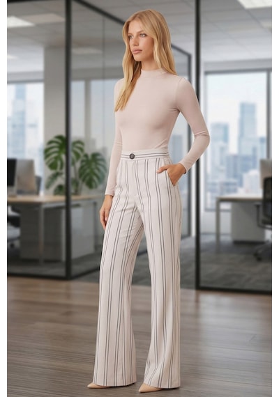 Armonika Kadın Krem Bol Paça Keten Pantolon Arm-26k001053