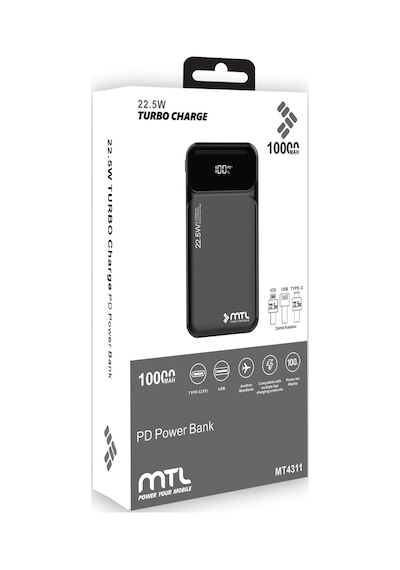 10000 Mah 22.5w Süper Hızlı Şarj Dahili Kablolu Dijital Led Göstergeli Pd Ve Qc 3.0 Powerbank Mt4310 Siyah