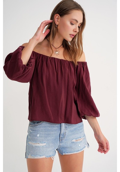 Mixray 4706 Kadın Sırtı Açık Balon Kol Straplez Bluz Bordo