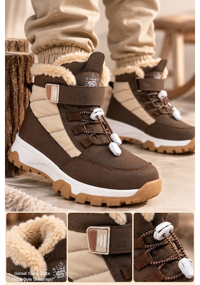 Muggo Peak İçi Kürklü Cırtlı Ve Bağcıklı Unisex Çocuk Kar Botu Kahverengi