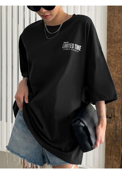Flood Of Style Kadın Siyah Oversize Limited Time Baskılı Tshirt