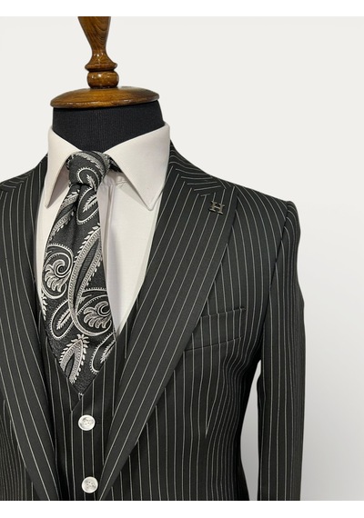 Hermose Sartorial Onyx Siyah Çizgili Yelekli Takım Elbise