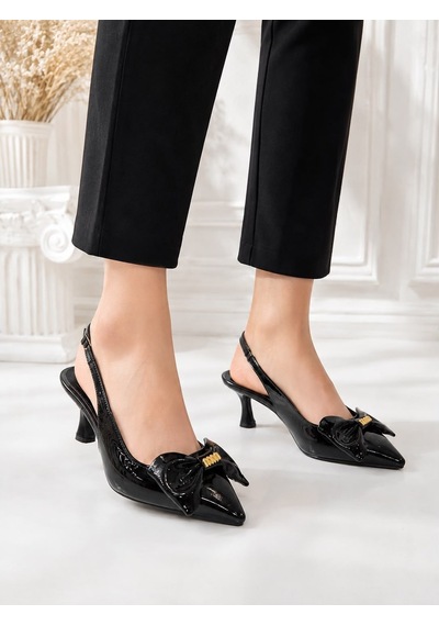 Dabab Shoes Kamıla Kadın Siyah Fiyonk Detaylı Rugan Sivri Burun Slingback 7 Cm İnce Topuklu Ayakkabı