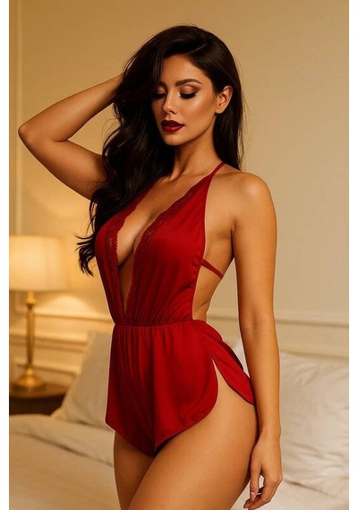 Ang Butik Kadın Kırmızı Dantelli Derin V Dekolteli Babydoll