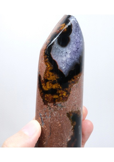 Mor Ametist Akik Kule Noktası, Siyah Çizgili Ve Mor Druzy İle Cilalanmış Obelisk, 223g
