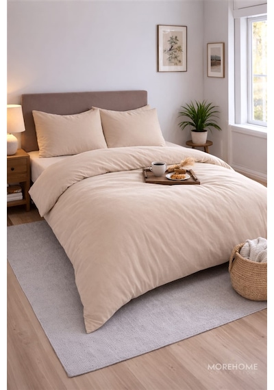 More Home Çift Kişilik Yorgan Kılıfı + Yastık Kılıfı Koyu Bej