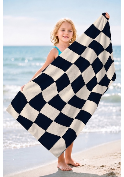 Damalı Siyah Beyaz Plaj Havlusu - Modern Geometrik Havuz Deniz Hızlı Kuruyan Mikrofiber Havlu Köpük Çayı