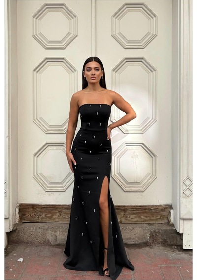 DefyModa Kadın Scuba Esnek Kumaş Straplez Pile Detaylı Abiye Elbise Siyah