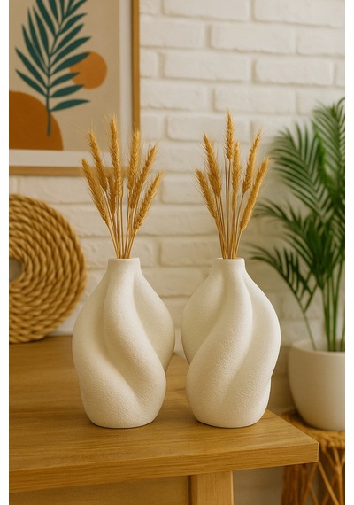 Modern Spiral Tasarım Dekoratif Beyaz Vazo Seti 2 Li Minimalist Ev Dekoru, Kurutulmuş Çiçek İçin Beyaz Beyaz